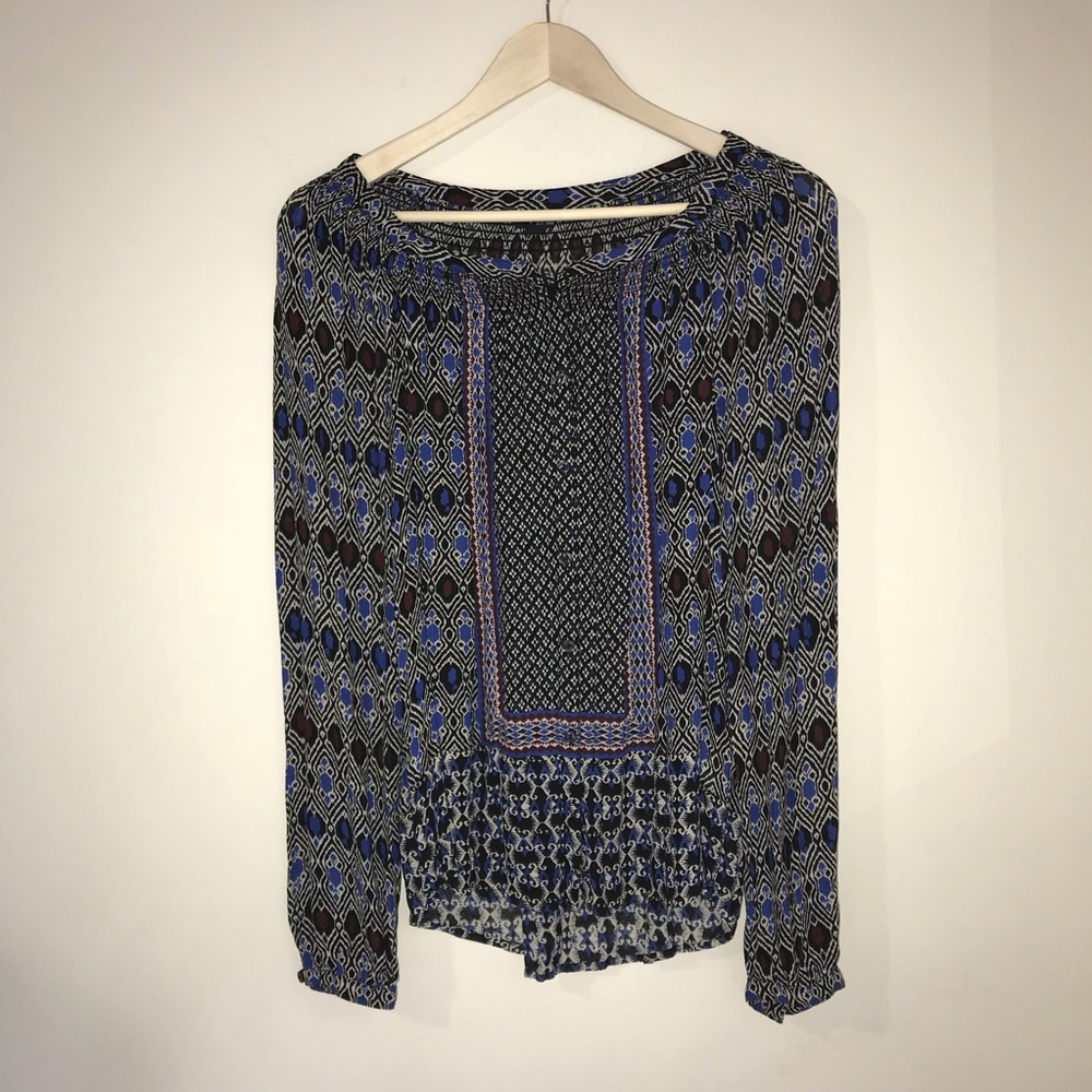 Lucky Brand Blue Patterned Peasant Top